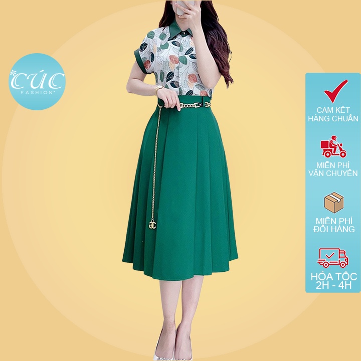 Chân váy nữ dáng dài công sở cao cấp Cúc Fashion váy đen xanh xếp ly xoè phong cách trẻ trung xoài xích vàng CV693