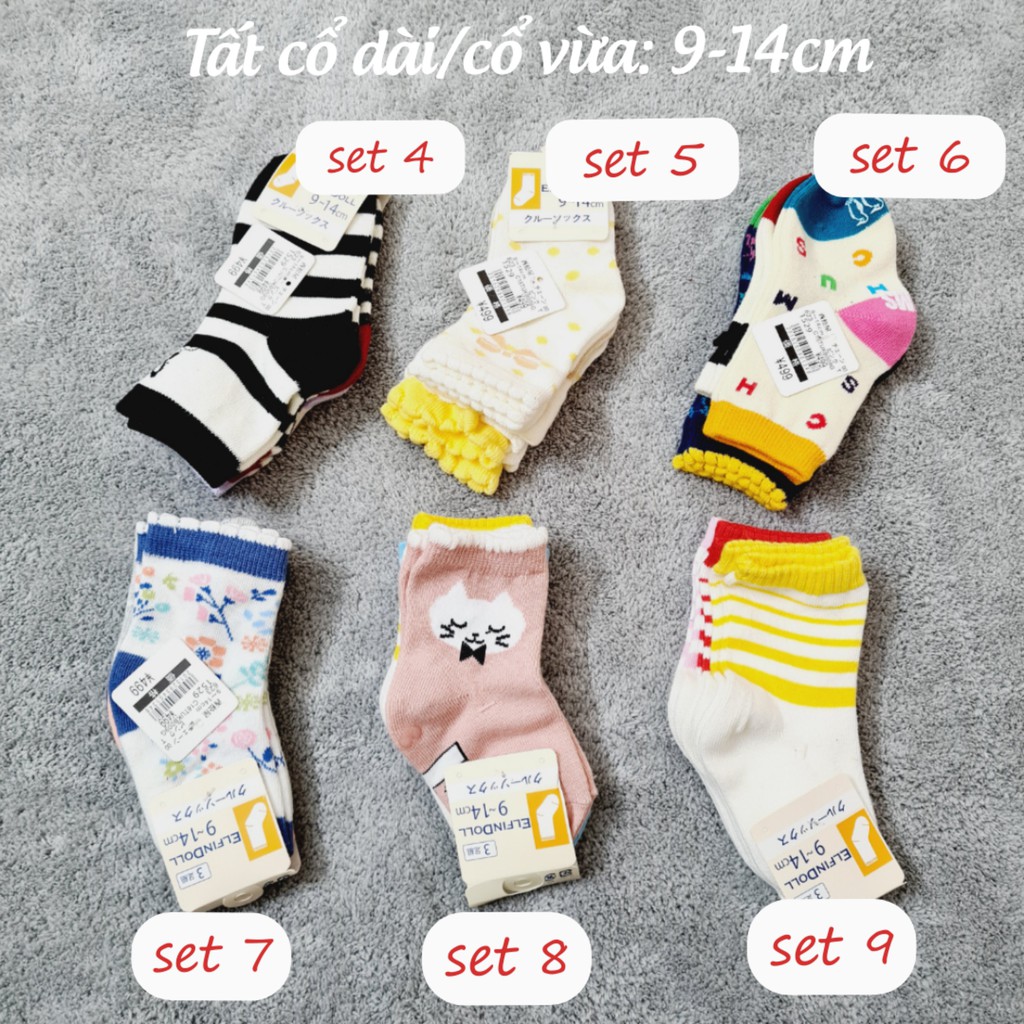 [9-14cm] Set 3 đôi Tất ngắn cổ/dài cổ cho bé/bé gái xuất Nhật