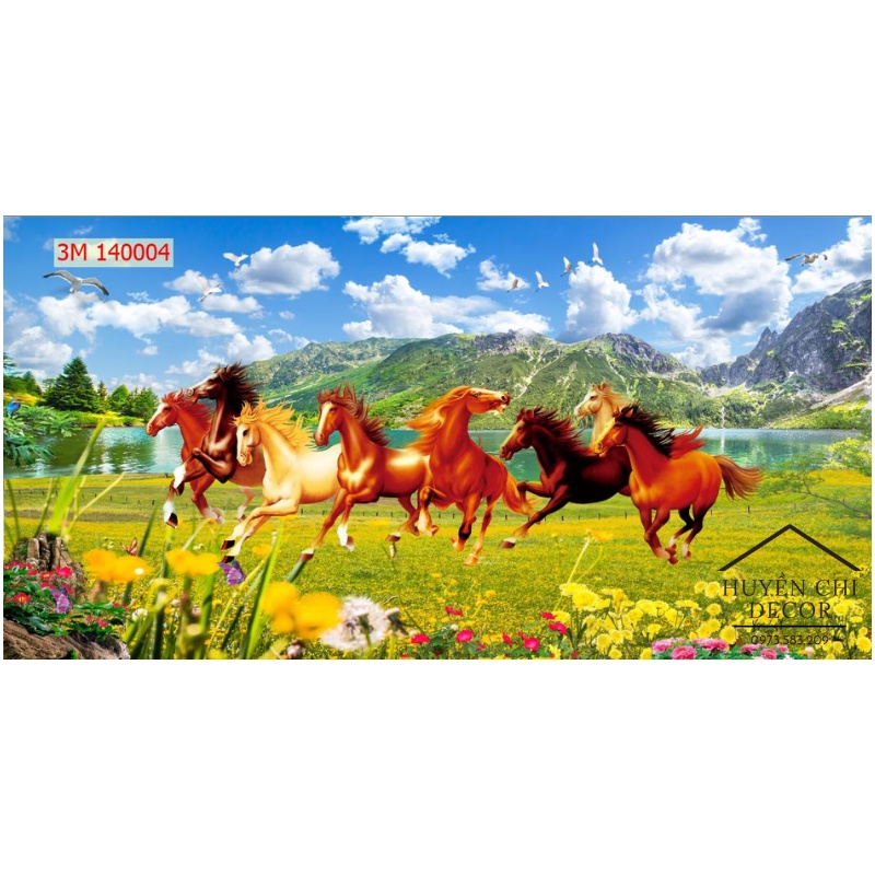 Tranh dán tường 3d Mã Đáo Thành Công- Bát mã - Huyền Chi - vải lụa cao cấp tặng kèm keo dán
