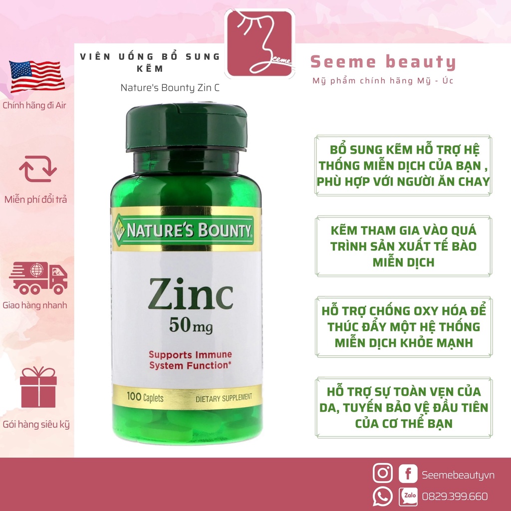 Viên Uống Bổ Sung Kẽm Nature's Bounty Zin C 50 mg 100 viên Seeme Beauty
