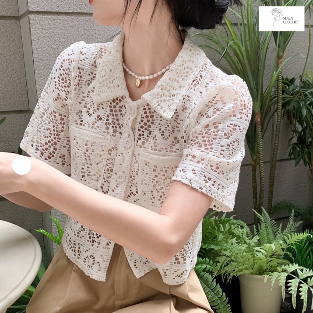 Áo sơmi ren thô đứng from ngắn tay cổ đức 2 túi trước xuyên thấu sang trọng mã 29 Maia.clothes