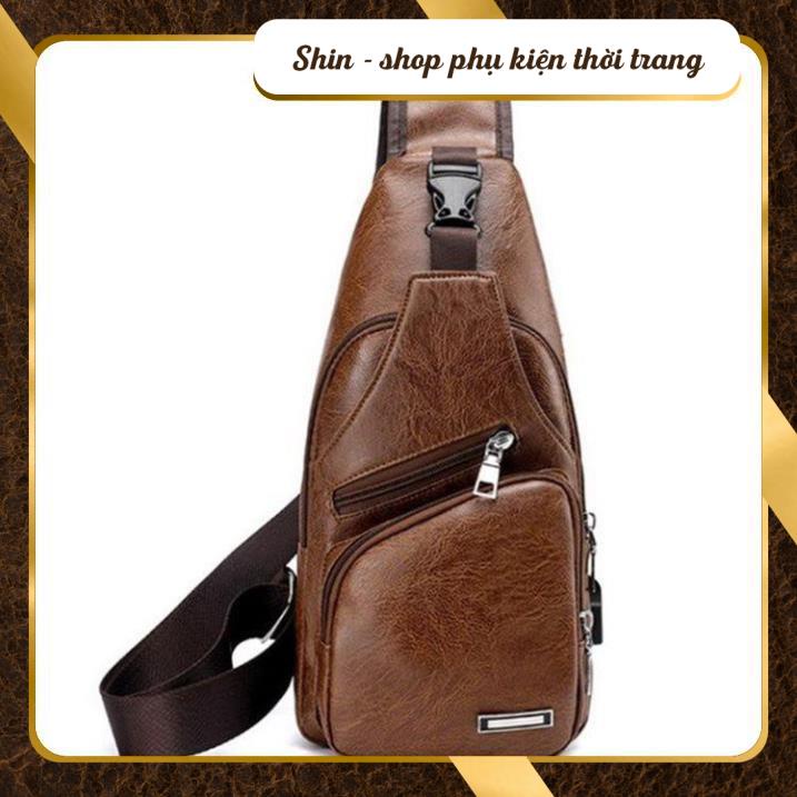 Túi Đeo Chéo Nam Da PU 3 màu phong cách Hàn Quốc, tiện dụng tích hợp cổng tai nghe - Shin Shop - Túi đeo chéo