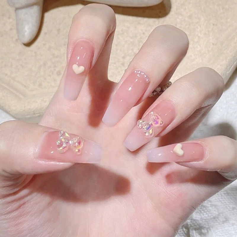 [Hàng mới về] Set 24 móng tay giả che phủ toàn bộ móng tay đính chú gấu hoạt hình pha lê tông màu hồng thời trang