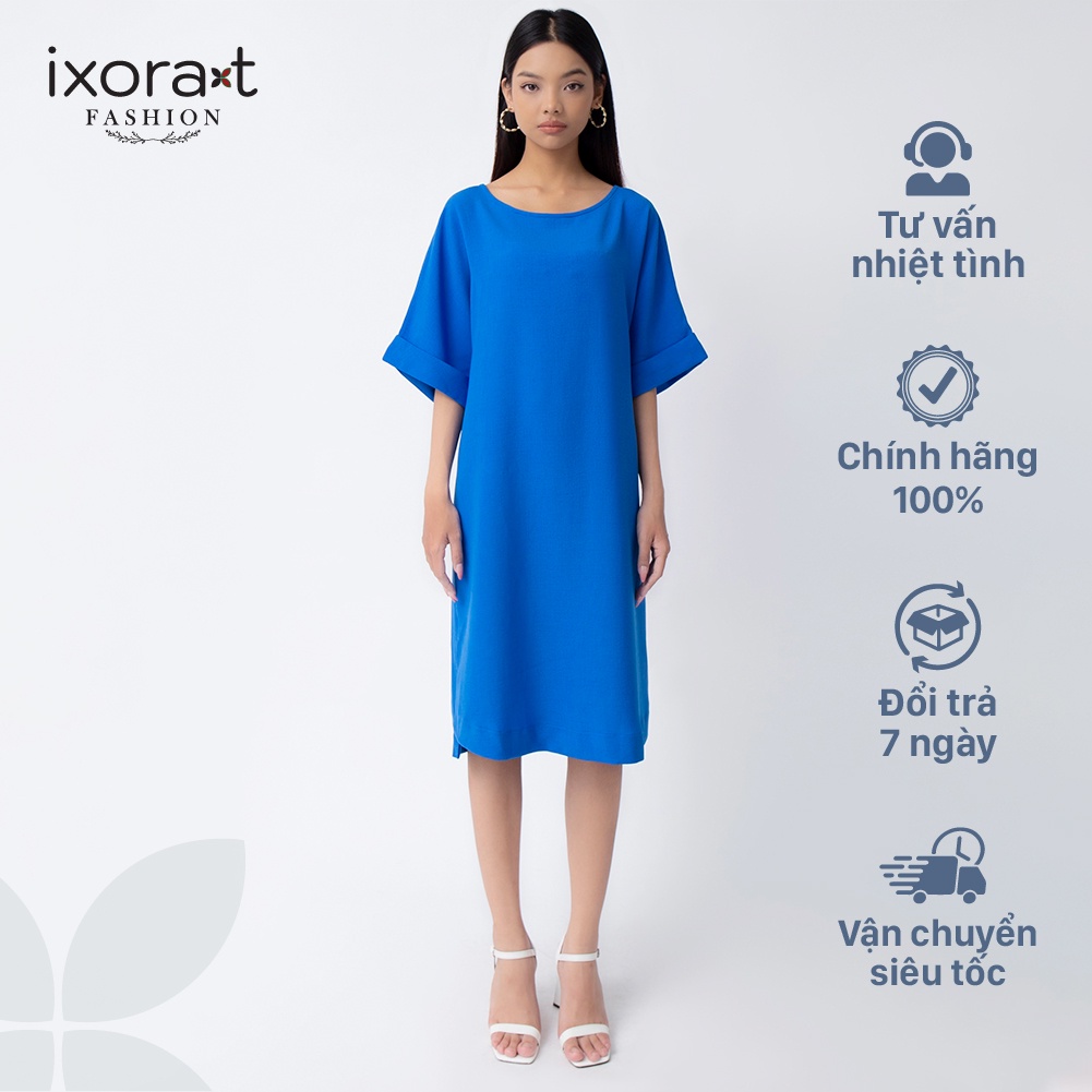 Váy đầm thiết kế thời trang IXORAT FASHION, cổ tròn, dáng suông, ngắn tay xăn line, thanh lịch, công sở đi làm,đi chơi
