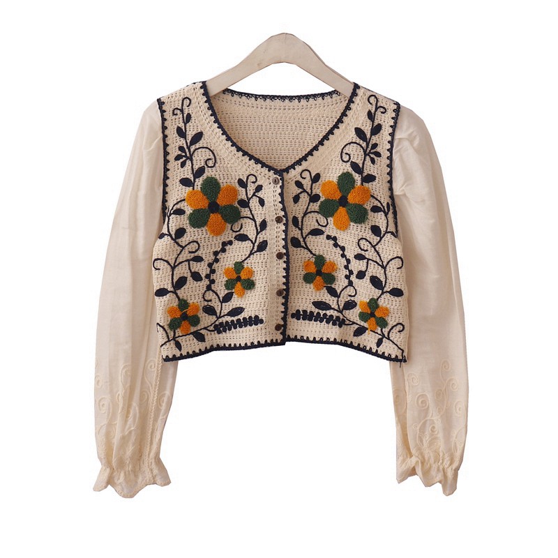Áo kiểu croptop tay dài phong cách cổ điển thêu hoa lá Ulzzang