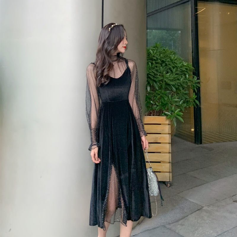 Set đầm hai dây vải nhung mềm mịn thời trang cho nữ