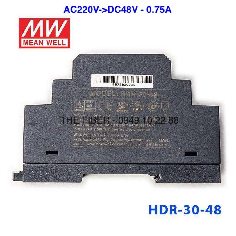 Bộ đổi nguồn điện HDR-30-48 AC220V - DC48V 30W 0.75A gắn thanh RAY - DIN Rail - Hãng Meanwell