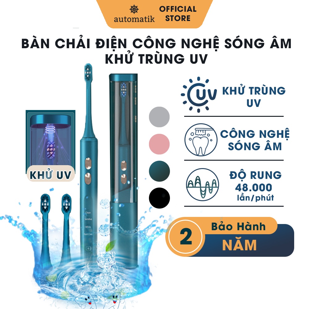 Bàn Chải Điện Đánh Răng Lông Mềm, Tự Động, Công Nghệ Sóng Âm Chải Sạch Sâu + Đế Sạc Không Dây - Automatik