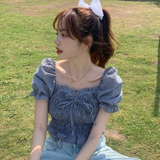 Áo Croptop Tay Lửng Cổ Vuông Phối Nơ Dáng Ôm Dễ Phối Đồ