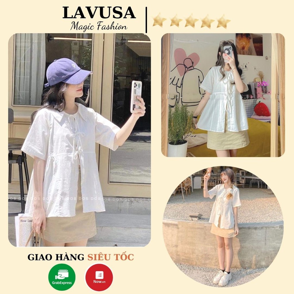 Áo Babydoll Tay Ngắn Dáng Rộng Dây Buộc 🐷FREESHIP🐷 Set Đồ Nữ Áo Trắng Chân Váy Nâu LAVUSA ( Có Bán Rời )S01