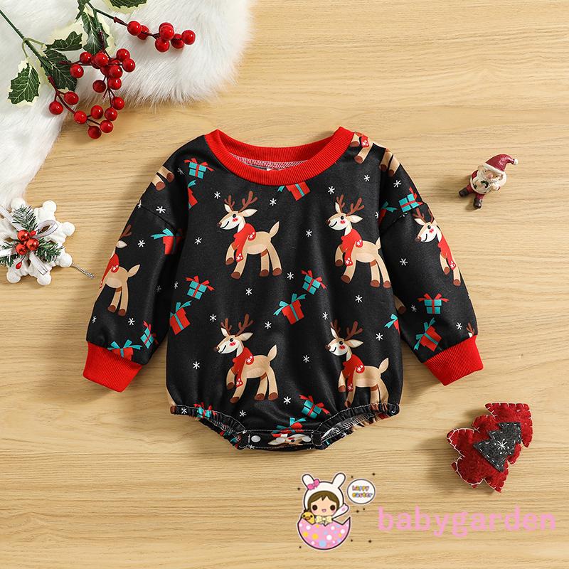 Áo Liền Quần Tay Dài Cổ Tròn In Hình Ông Già Noel Tuần Lộc Giáng Sinh Thời Trang Mùa Thu Cho Bé 0-24 Tháng Tuổi