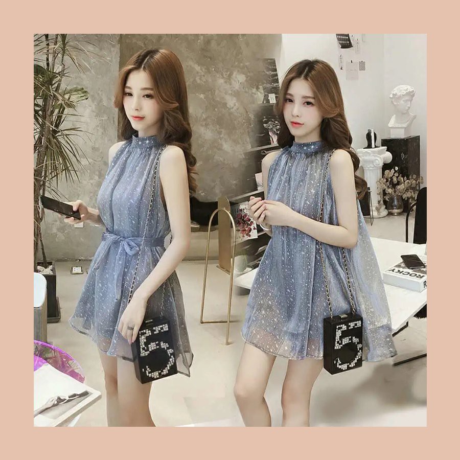 [ SẴN ] Váy Liền 2 Lớp Cổ Yếm Cách Điệu Lấp Lánh Blink BLink/ Đầm Chữ A Xòe Sát Nách Mặc 2 Kiểu Kèm Thắt Lưng V00033