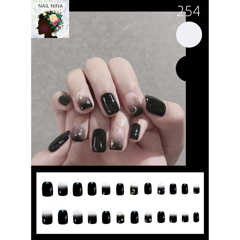 Bộ 24 móng tay giả Nail Nina trang trí nghệ thuật màu đen nạm kim cương nhân tại mã 254【Tặng kèm dụng cụ lắp】