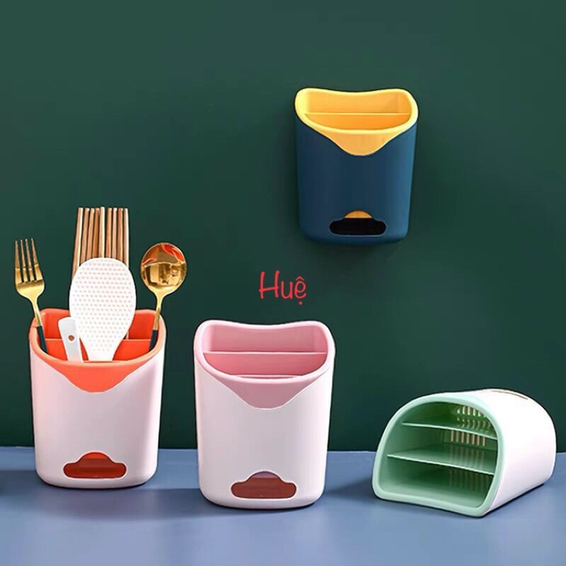 Ống đựng đũa, muỗng 2 ngăn tiện lợi, Hộp đựng đũa muỗng 2 ngăn có lỗ thoát nước