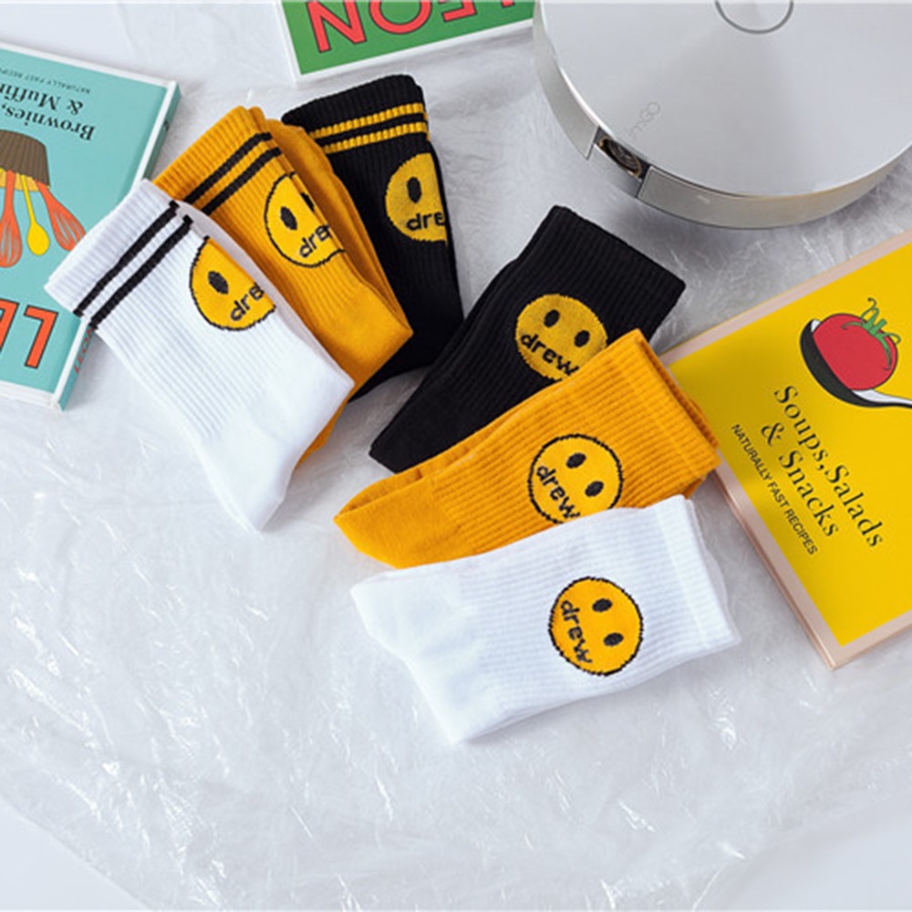 Đôi vớ dài trung bình màu trơn in hình mặt cười phong cách thể thao cho nữ sinh