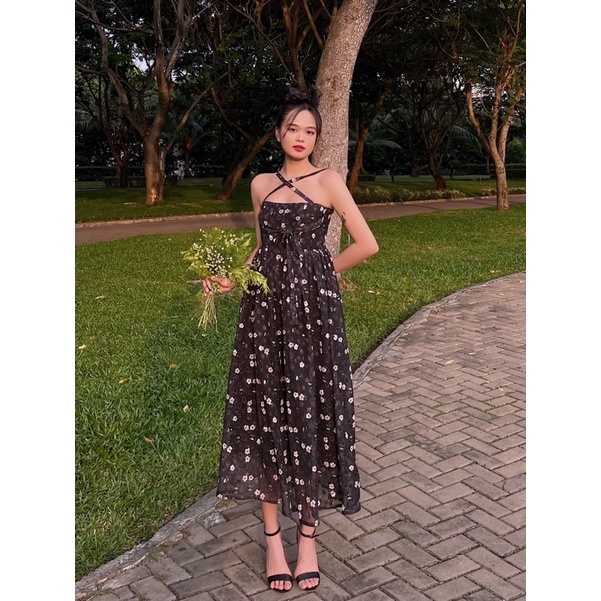 Letitia dress - Đầm dây đen hoa trắng - Somalyng.studio