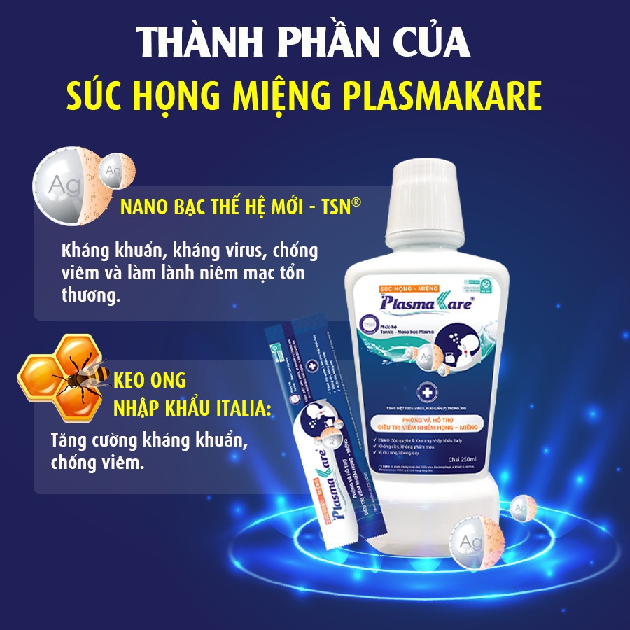 Nước súc họng nano bạc PLASMAKARE giảm nhanh viêm họng, viêm amidan, các triệu chứng đau rát, loét, ho, đờm, chai 250ml
