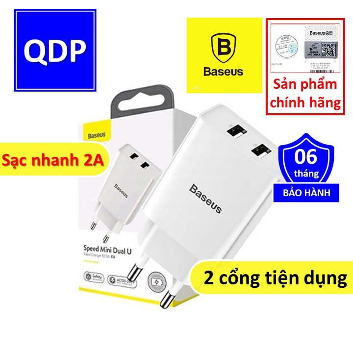 Cốc sạc nhanh 2 cổng USB 2A Baseus Mini Dual