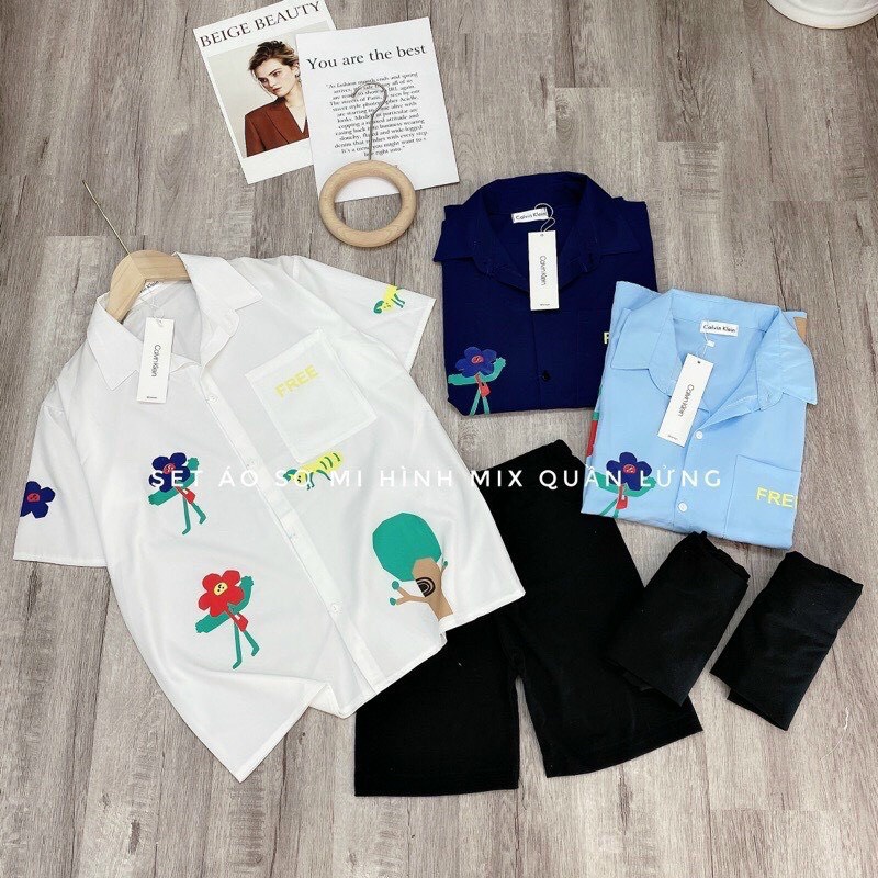 sét bộ sơ mi in phối quần ngố