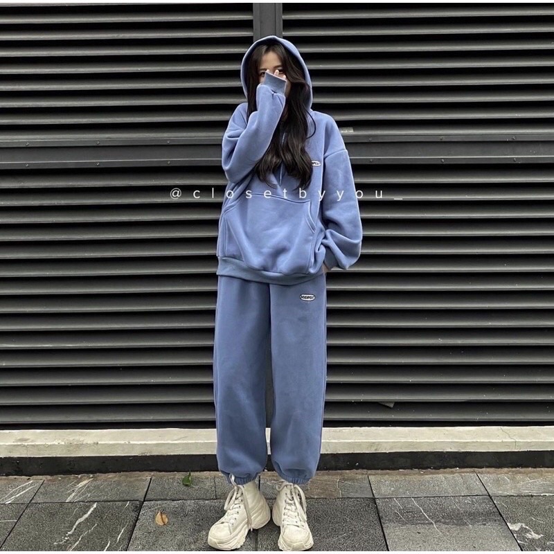 Set hoodie kèm quần jogger, set bộ nỉ bông tay bồng ấm áp thêu logo trên ngực Nhungkudo