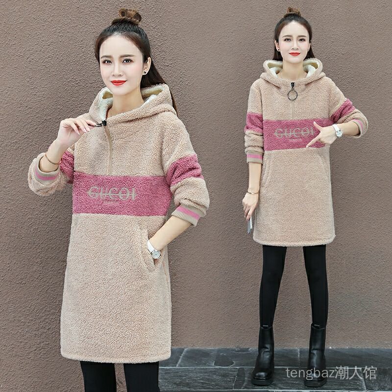 Áo Sweater phối nhung dày dáng rộng dài thời trang 2020