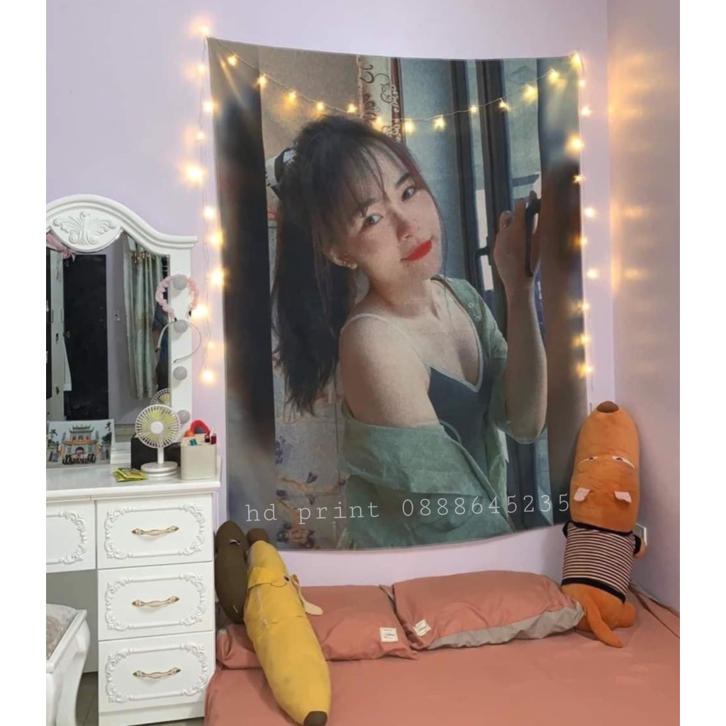 Tranh vải treo tường in hình theo yêu cầu, thảm decor in ảnh , TẶng kèm đinh móc và đèn led 5m