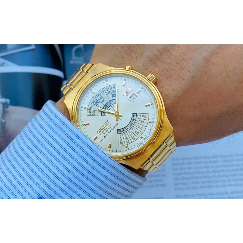 Đồng hồ nam dây thép lịch vạn niên Orient FEU00008CW Gold