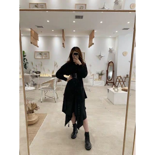 😎 Set đồ đen siêu cá tính - Áo váy sơ mi kèm thắt lưng 3 tầng - Chân váy so le phối khoen chick punk hầm hố