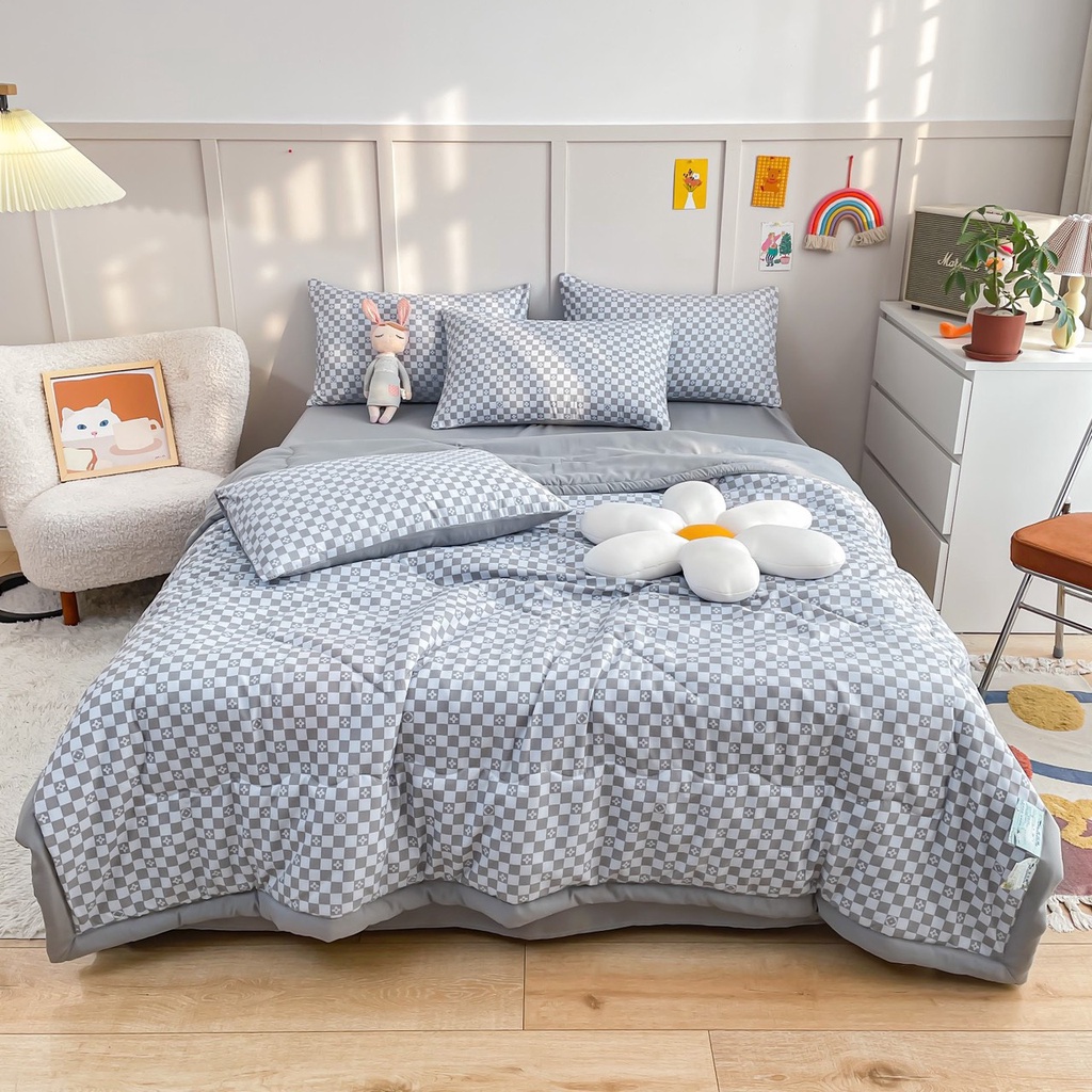 Bộ chăn ga Đũi kẻ Hàn chăn hè trần bông - sét 4 món chất  mềm và mát
