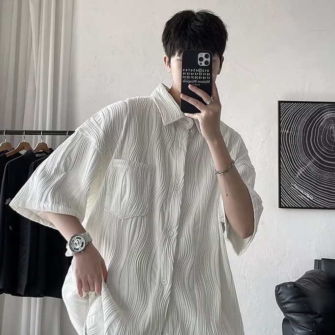 Áo Sơ Mi Ngắn Tay Màu Trơn Họa Tiết Kẻ Sọc Thời Trang Mùa Hè Hàn Quốc Cho Nam Và Nữ