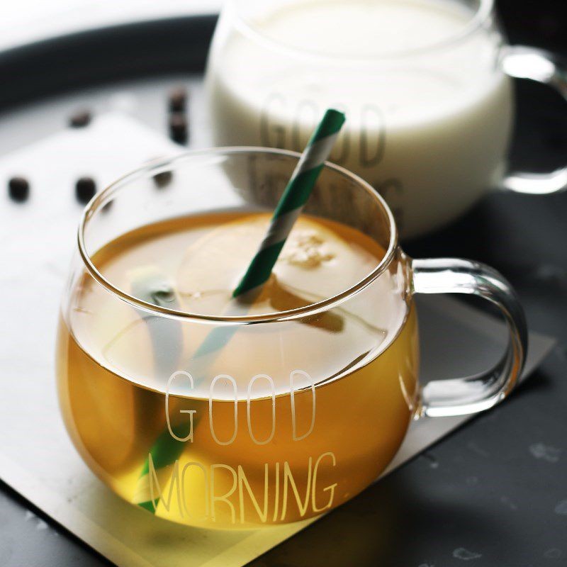 Ly thủy tinh dễ thương uống nước cute GOOD MORNING 350 ml Cốc thủy tinh chịu nhiệt có quai decor