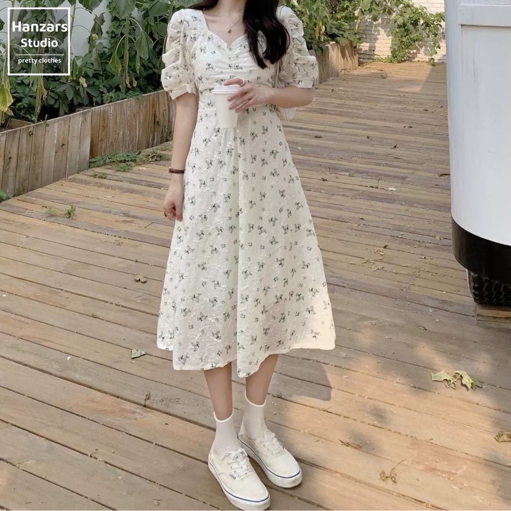 Váy Trắng Hoa Nhí Dáng Chữ A Vintage Cổ Chữ V Tay Nhún Có Lớp Lót Phong Cách Ulzzang