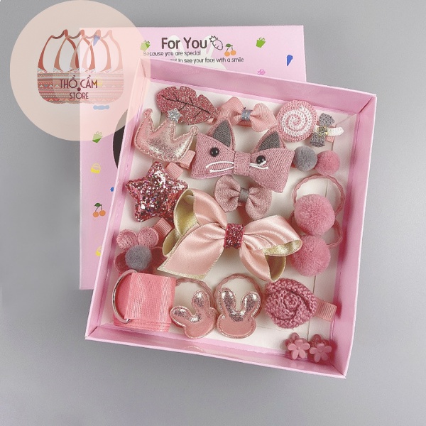 Kẹp tóc dây buộc tóc bé gái set hộp quà tặng 18 chi tiết cặp nơ tiểu thơ chun cột tóc phụ kiện tóc bé gái - Thocamstore