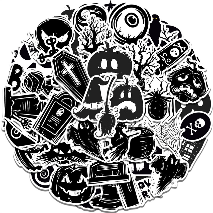 ❉ Nghệ thuật Kinh Dị Halloween. Nhãn Dán Series 01 Đen Trắng Cổ Điển ❉ Bộ 50 Sticker Chống Thấm Nước Họa Tiết Doodle Hợp Thời Trang