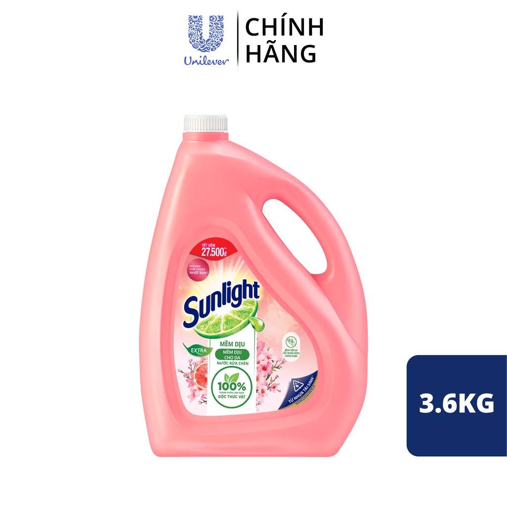 Nước Rửa Chén Bát Sunlight Mềm Dịu Da Tay Hương Bưởi &amp; Hoa Anh Đào 3.6kg