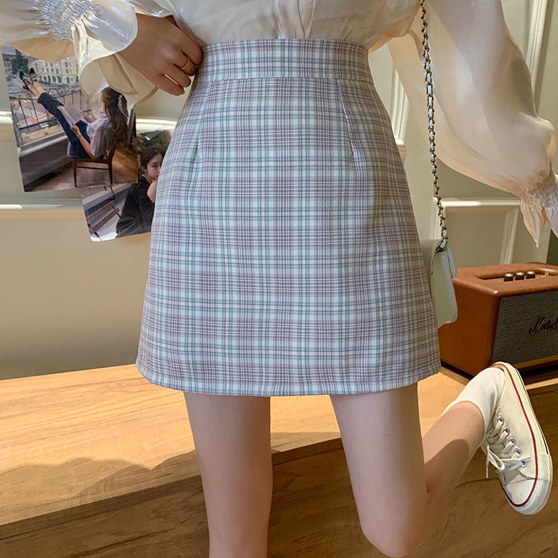Chân Váy Ngắn Dáng Chữ A Lưng Cao Họa Tiết Sọc Caro Thời Trang Cho Nữ