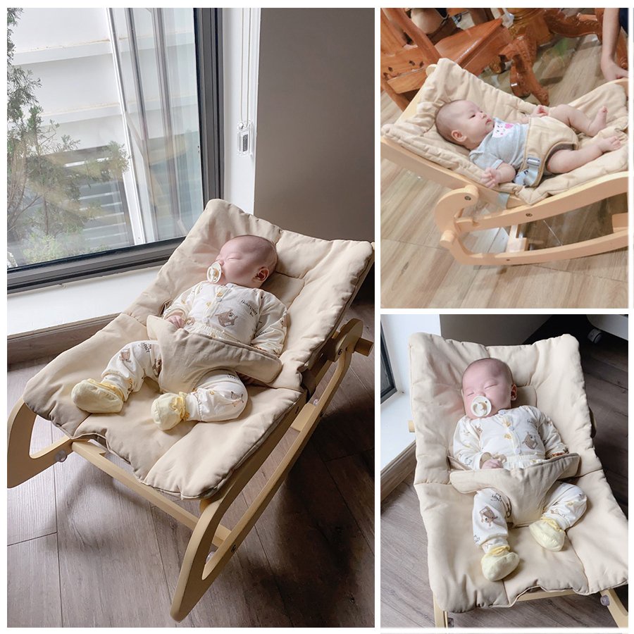 Ghế bập bênh chân gỗ đa năng ROCKING CHAIR Hugme 2022 cho bé nằm ngủ, thư giãn, ghế rung cho bé