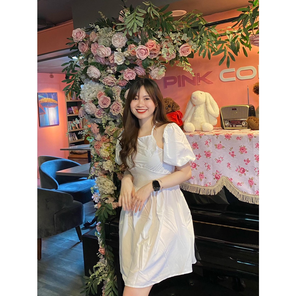 Váy yếm nữ phối tay nơ - váy trễ vai nữ tay nơ phối dây cổ yếm, 2 màu ĐEN | TRẮNG SIÊU HOT