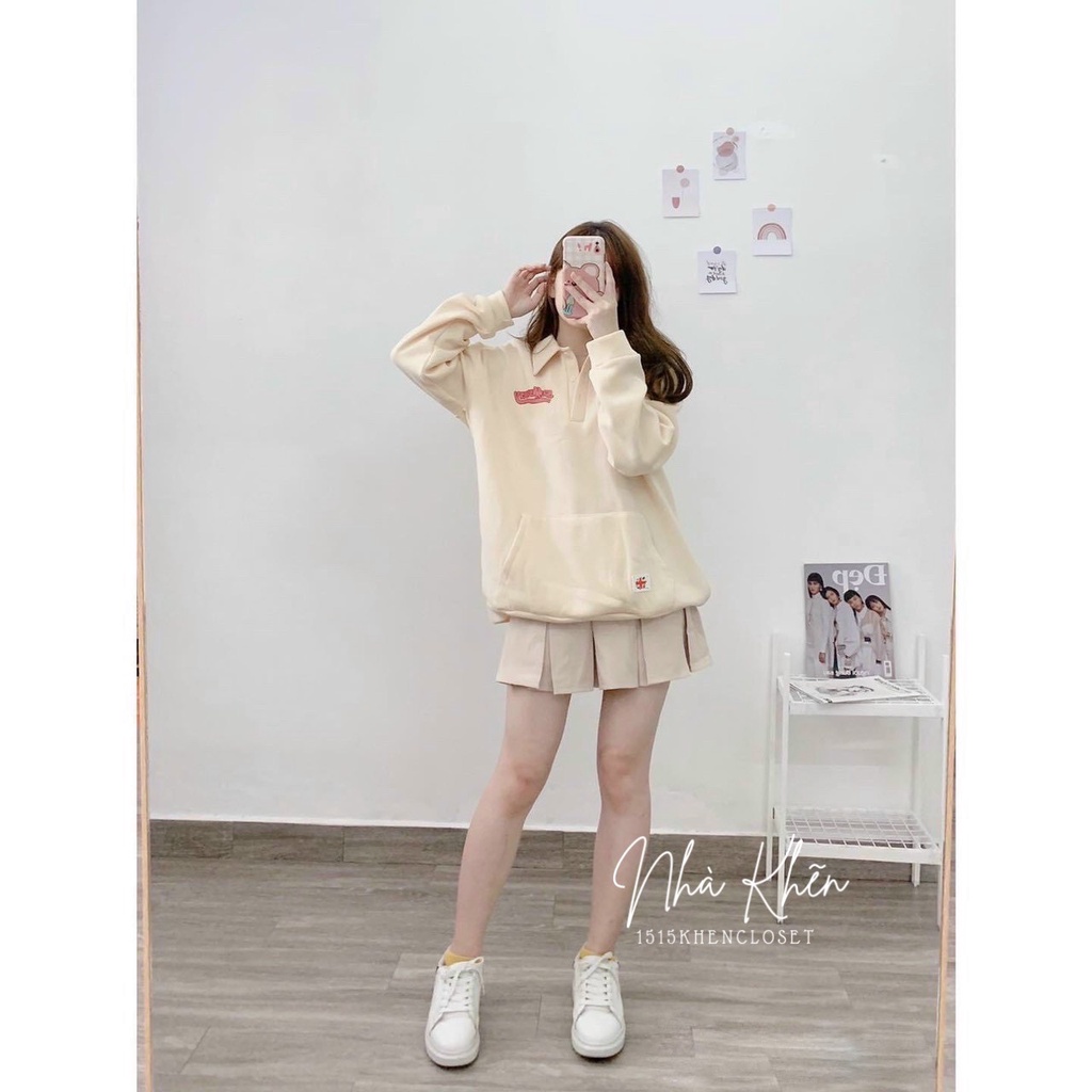 Set áo tay dài cổ polo sweater chân váy xếp li màu be