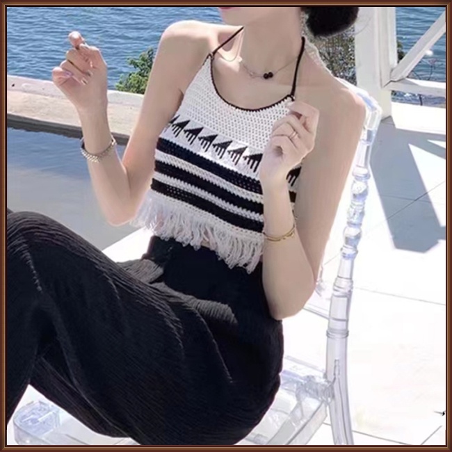 Áo Croptop Dệt Kim Phối Tua Rua Màu Sắc Tương Phản Thời Trang Mùa Hè Cho Nữ