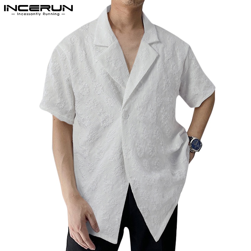 Áo sơ mi INCERUN tay ngắn dáng rộng màu trơn cài nút thời trang dành cho nam