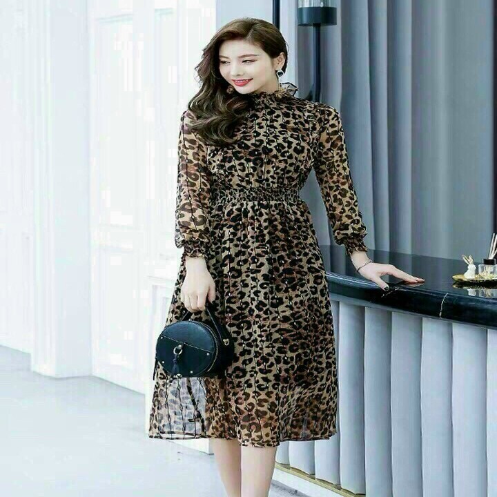 Váy đầm nữ dài tay họa tiết da beo thiết kế xòe xếp ly nhẹ sang chảnh | BigBuy360 - bigbuy360.vn