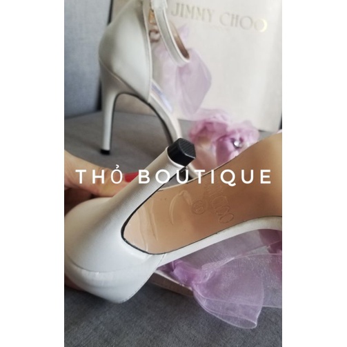 Giày sandal cao gót Jim.my Ch.oo limited edition xuất Âu xịn trắng da mềm quai ngang đính hoa tím 9cm size 37 38 39