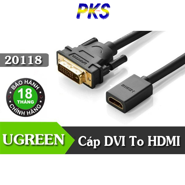 Cáp DVI sang HDMI với một đầu chuẩn DVI 24+1 ra chuẩn nối HDMI âm hỗ trợ Full HD 1080p Ugreen 20118