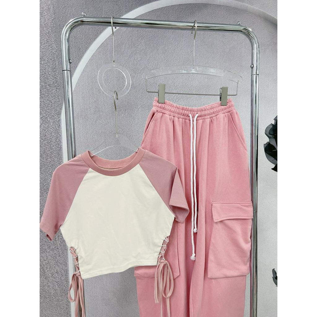 SET CROPTOP RAPLAN ĐAN DÂY EO QUẦN SUÔNG HỒNG TÚI HỘP (TH)