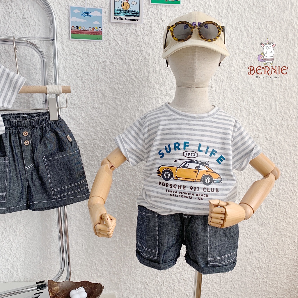 Bộ cotton hoạ tiết ô tô quần giả bò bé trai, set quần áo oto quần giả jean đẹp cho bé Bernie