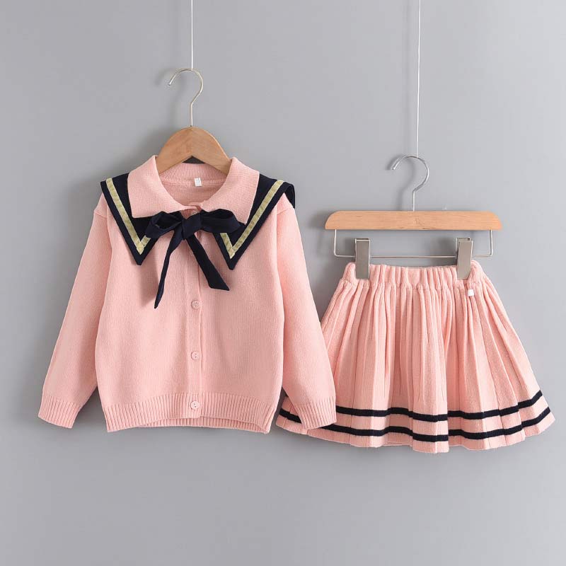 BEAR LEADER Bộ Áo Sweater Dệt Kim Đính Nơ + Chân Váy Dệt Kim Thời Trang Cho Bé Gái 2-6 Tuổi