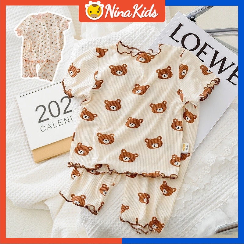 Bộ Đồ Ngủ Áo Thun + Quần Short  Mỏng In Hình Gấu/Hoa Dễ Thương Dành Cho Bé Gái 1-7 Tuổi