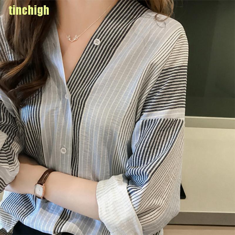 Áo Sơ Mi Tay Dài Kẻ Sọc Phong Cách Hàn Quốc Cho Nữ