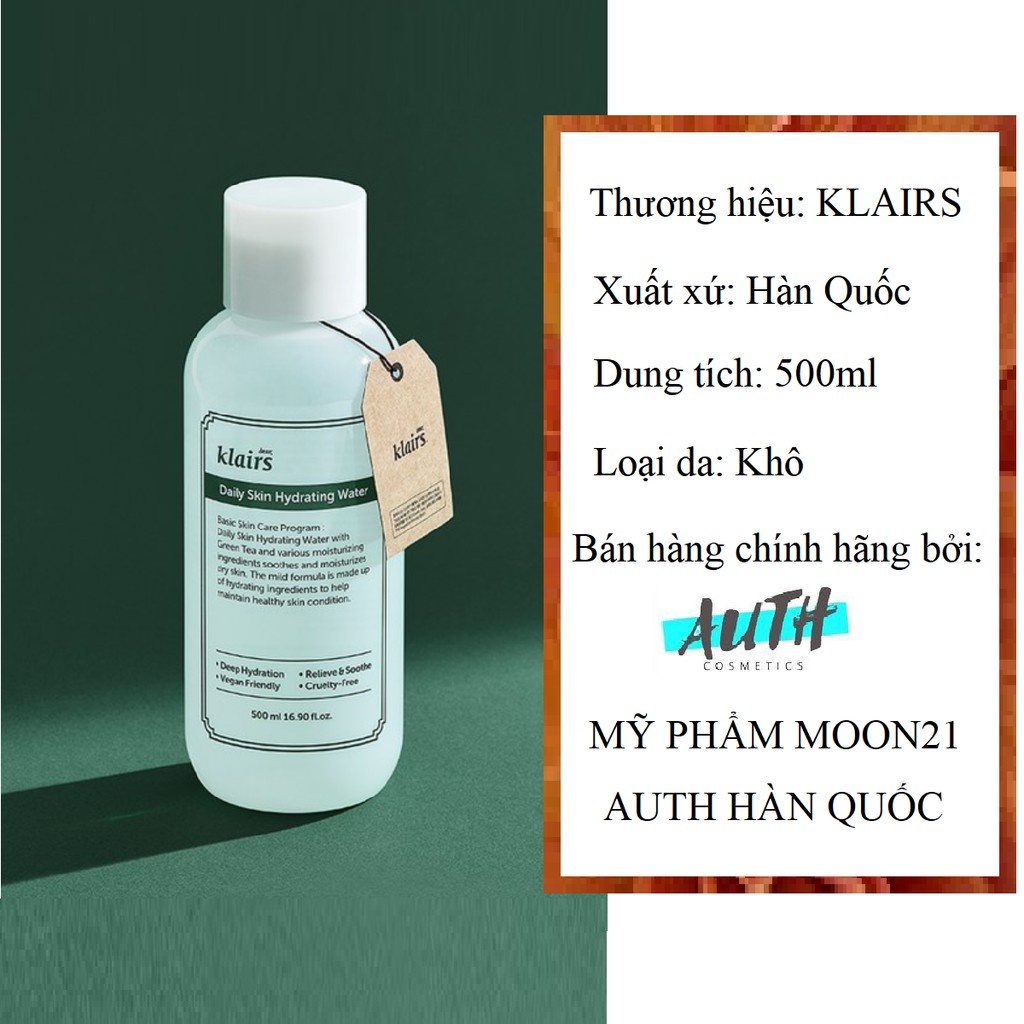 Toner Klairs 500ml MOON21 Nước hoa hồng Klairs dưỡng ẩm làm dịu da Daily Hydrating Water 500ml Auth Hàn Quốc da khô